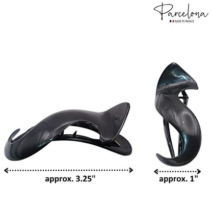 Parcelona French Crochet 3 ¼” Black Celluloid Non Slip Side Slide In Jaw Yoga Hair Claws for Fine Hair Women Hair Accessories Claw Clip for Girls, Made in France