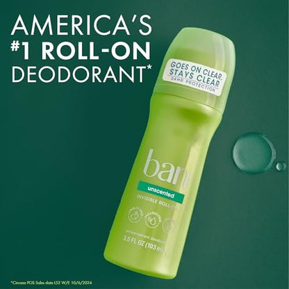 Ban Original Unscented 24-Hour Invisible Antiperspirant Roll-On Deodorant, 4-Pack, 3.5 oz Each, Clear