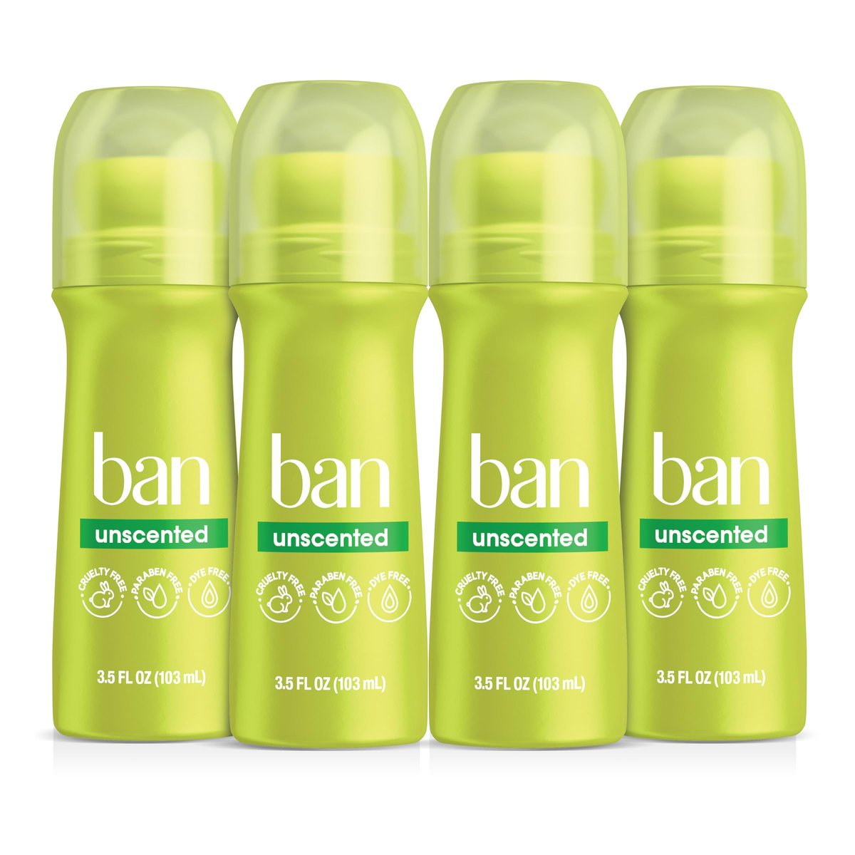 Ban Original Unscented 24-Hour Invisible Antiperspirant Roll-On Deodorant, 4-Pack, 3.5 oz Each, Clear - görsel 1