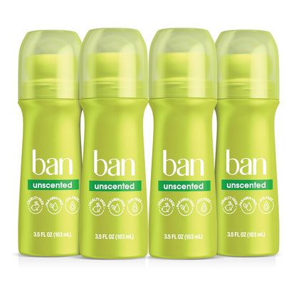 Ban Original Unscented 24-Hour Invisible Antiperspirant Roll-On Deodorant, 4-Pack, 3.5 oz Each, Clear