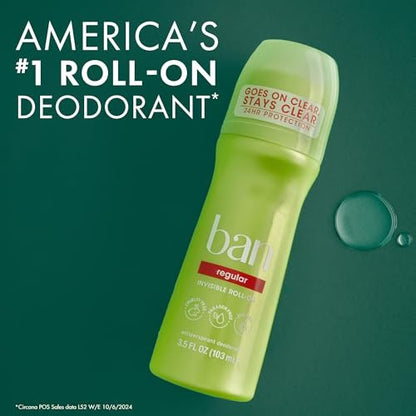 Ban Invisible Roll-on Antiperspirant Deodorant for Women and Men, 24-Hour Odor & Sweat Protection, Regular Scent, 3.5 oz (Pack of 4) Avelisse