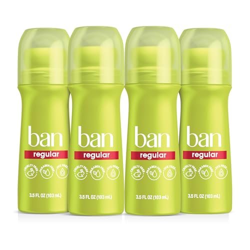 Ban Invisible Roll-on Antiperspirant Deodorant for Women and Men, 24-Hour Odor & Sweat Protection, Regular Scent, 3.5 oz (Pack of 4) Avelisse