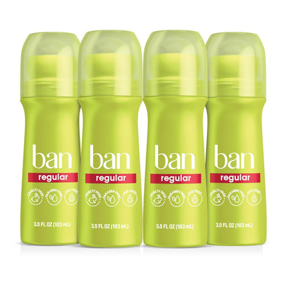 Ban Invisible Roll-on Antiperspirant Deodorant for Women and Men, 24-Hour Odor & Sweat Protection, Regular Scent, 3.5 oz (Pack of 4) Avelisse