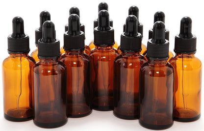 Vivaplex 12 Pack 1 oz Amber Glass Bottles with Glass Eye Droppers - Essential Oil Bottles, Tincture Bottles, and More