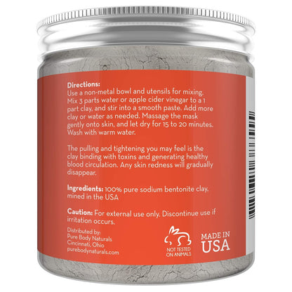 Pure Body Naturals Bentonite Clay Powder – 8 oz Indian Healing Clay for DIY Face Masks & Detox Body Wraps