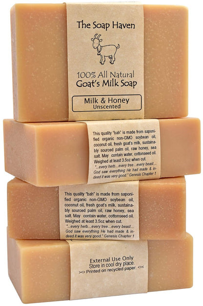 Handmade Goat Milk Soap Bars with Honey - Unscented, All Natural, 4-Pack (3.5 oz each) - The Soap Haven Avelisse