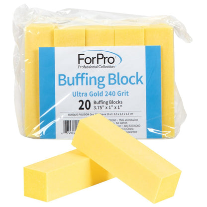 ForPro Professional Collection Ultra Gold Buffing Block, 240 Grit, 4-Sided Nail Buffer for Manicure & Pedicure, 3.75" L x 1" W x 1" H, 20-Pack
