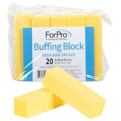 ForPro Professional Collection Ultra Gold Buffing Block, 240 Grit, 4-Sided Nail Buffer for Manicure & Pedicure, 3.75" L x 1" W x 1" H, 20-Pack