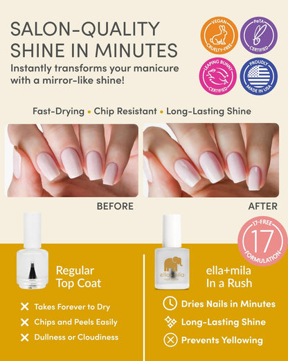 ella+mila Fast Dry Top Coat – Quick Dry Nail Polish Top Coat for High Shine & Long Lasting Wear – Clear Protective Layer
