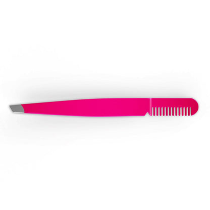 Precision Slant Tip Eyebrow Tweezer with Comb – Stainless Steel, Bright Pink – BOGO Sale