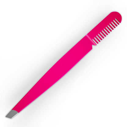 Precision Slant Tip Eyebrow Tweezer with Comb – Stainless Steel, Bright Pink – BOGO Sale