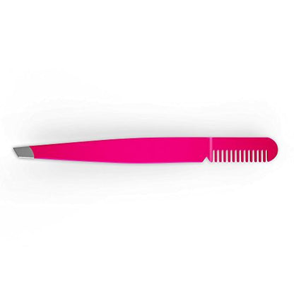 Precision Slant Tip Eyebrow Tweezer with Comb – Stainless Steel, Bright Pink – BOGO Sale