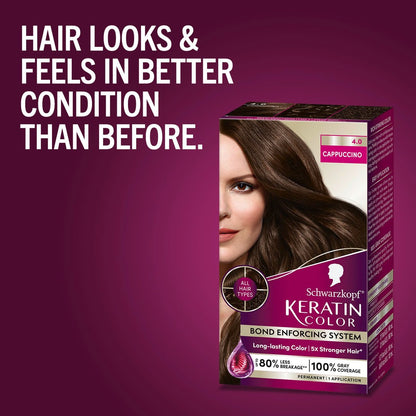 Schwarzkopf Keratin Permanent Hair Dye Cream 4.0 Cappuccino - Professional Gray Coverage with Bond Enforcing System