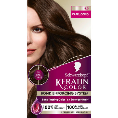 Schwarzkopf Keratin Permanent Hair Dye Cream 4.0 Cappuccino - Professional Gray Coverage with Bond Enforcing System