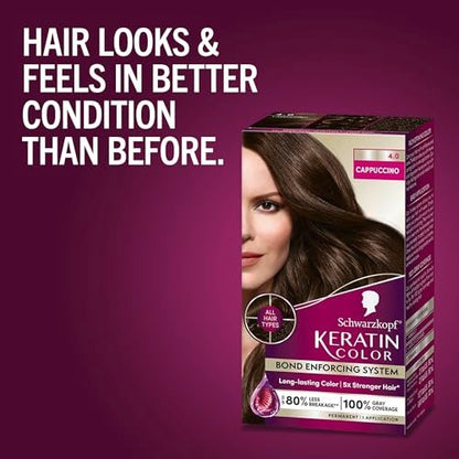 Schwarzkopf Keratin Permanent Hair Dye Cream 4.0 Cappuccino - Professional Gray Coverage with Bond Enforcing System