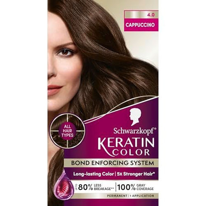 Schwarzkopf Keratin Permanent Hair Dye Cream 4.0 Cappuccino - Professional Gray Coverage with Bond Enforcing System