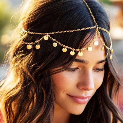 Aukmla Gold Sequins Head Chain Jewelry Festival Headpiece for Women and Girls