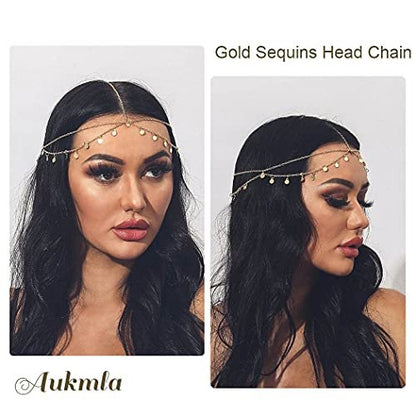 Aukmla Gold Sequins Head Chain Jewelry Festival Headpiece for Women and Girls