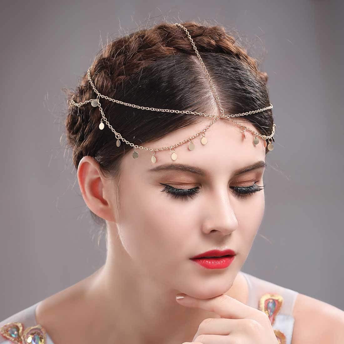 Aukmla Gold Sequins Head Chain Jewelry Festival Headpiece for Women and Girls - görsel 15