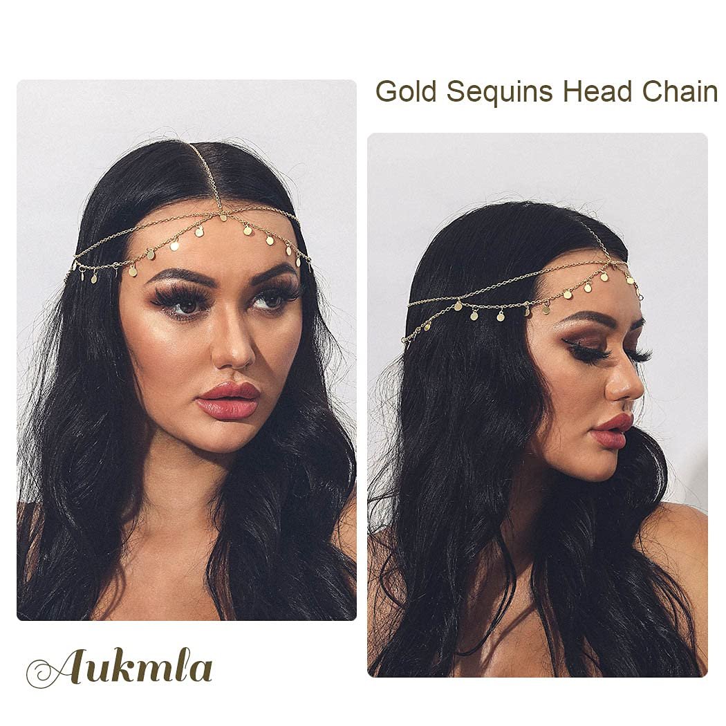 Aukmla Gold Sequins Head Chain Jewelry Festival Headpiece for Women and Girls - görsel 11
