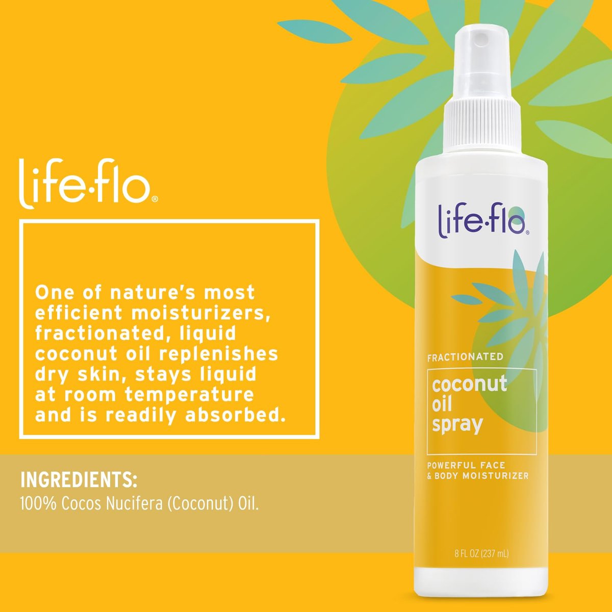 Life-Flo Fractionated Coconut Oil Spray - Lightweight Moisturizer for Skin, Hair & Nails, 8 oz Avelisse