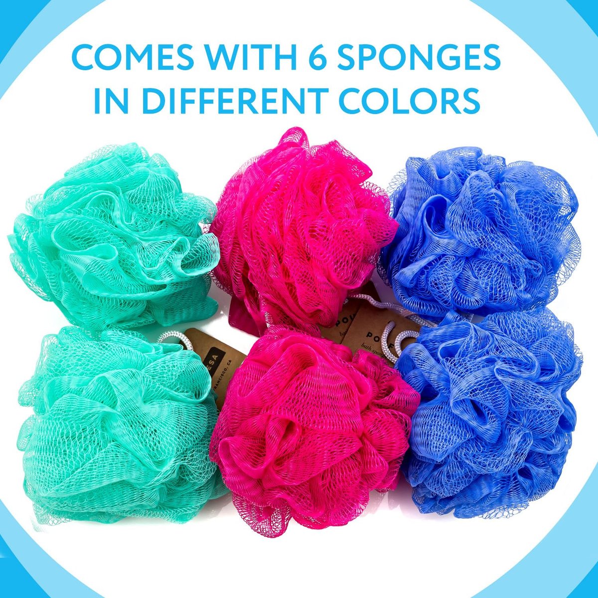 IMPRESA Mesh Bath & Shower Loofah Sponges - 5-Inch - Pack of 6 Gentle Exfoliating Body Scrubber & Bath Pouf - Durable Quick-Dry Shower Sponge (Blue) Avelisse