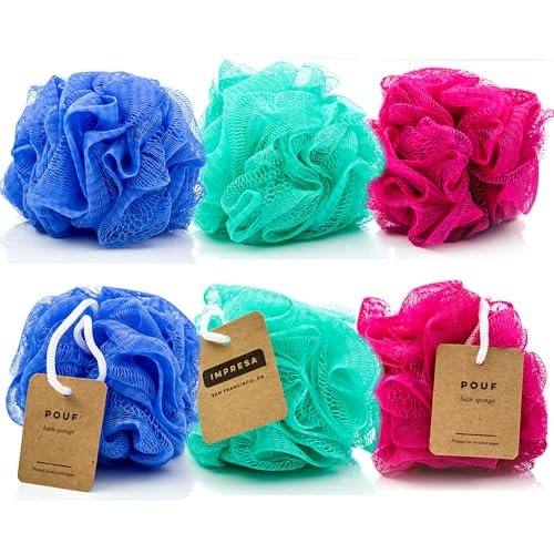 IMPRESA Mesh Bath & Shower Loofah Sponges - 5-Inch - Pack of 6 Gentle Exfoliating Body Scrubber & Bath Pouf - Durable Quick-Dry Shower Sponge (Blue) Avelisse