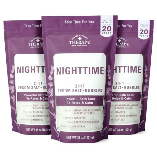 Village Naturals Therapy Nighttime Foaming Epsom Soak, 36 oz (Pack of 3) – Relaxing Bath Salts for Sleep Avelisse