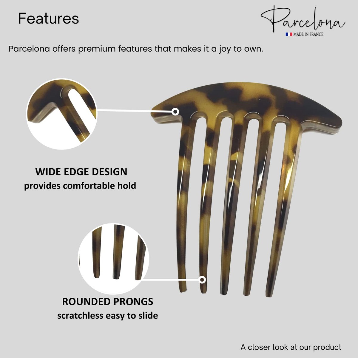 Parcelona French Medium Interlocking 5 Teeth Celluloid Light Shell Hair Side Combs - Set of 2, Brown, 3 Inch, Made in France - görsel 5