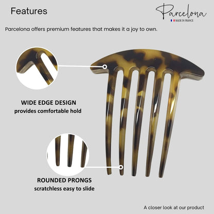 Parcelona French Medium Interlocking 5 Teeth Celluloid Light Shell Hair Side Combs - Set of 2, Brown, 3 Inch, Made in France