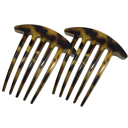 Parcelona French Medium Interlocking 5 Teeth Celluloid Light Shell Hair Side Combs - Set of 2, Brown, 3 Inch, Made in France