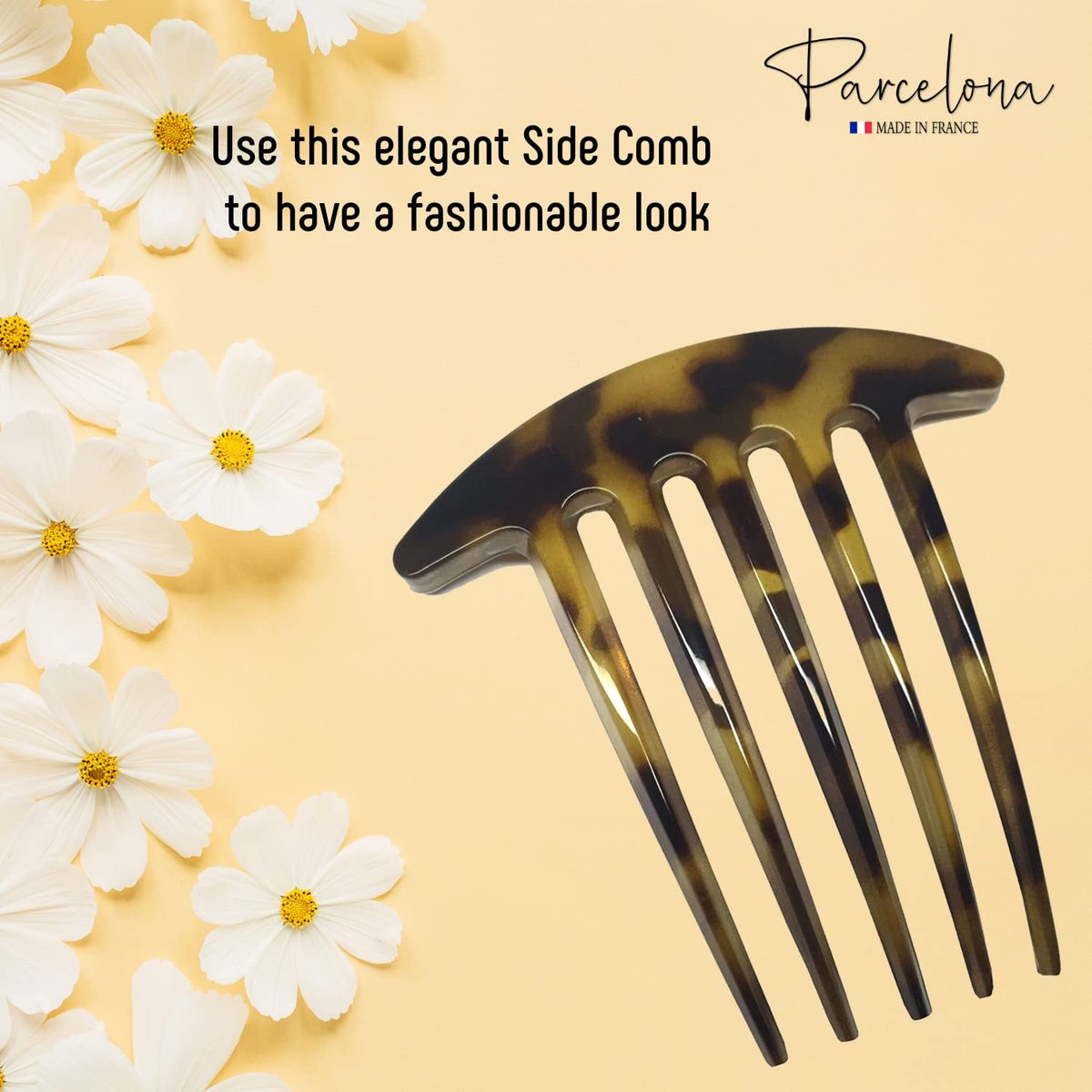 Parcelona French Medium Interlocking 5 Teeth Celluloid Light Shell Hair Side Combs - Set of 2, Brown, 3 Inch, Made in France - görsel 7