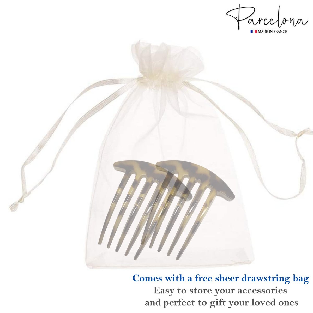 Parcelona French Medium Interlocking 5 Teeth Celluloid Light Shell Hair Side Combs - Set of 2, Brown, 3 Inch, Made in France - görsel 15