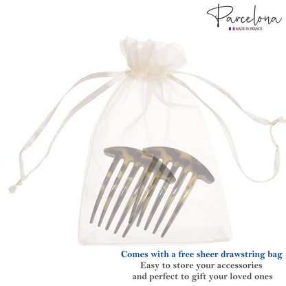 Parcelona French Medium Interlocking 5 Teeth Celluloid Light Shell Hair Side Combs - Set of 2, Brown, 3 Inch, Made in France