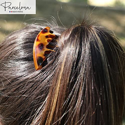 Parcelona French Medium Interlocking 5 Teeth Celluloid Light Shell Hair Side Combs - Set of 2, Brown, 3 Inch, Made in France