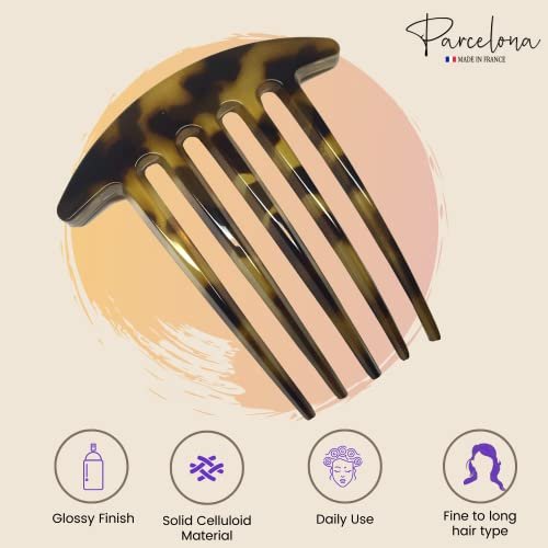Parcelona French Medium Interlocking 5 Teeth Celluloid Light Shell Hair Side Combs - Set of 2, Brown, 3 Inch, Made in France - görsel 10