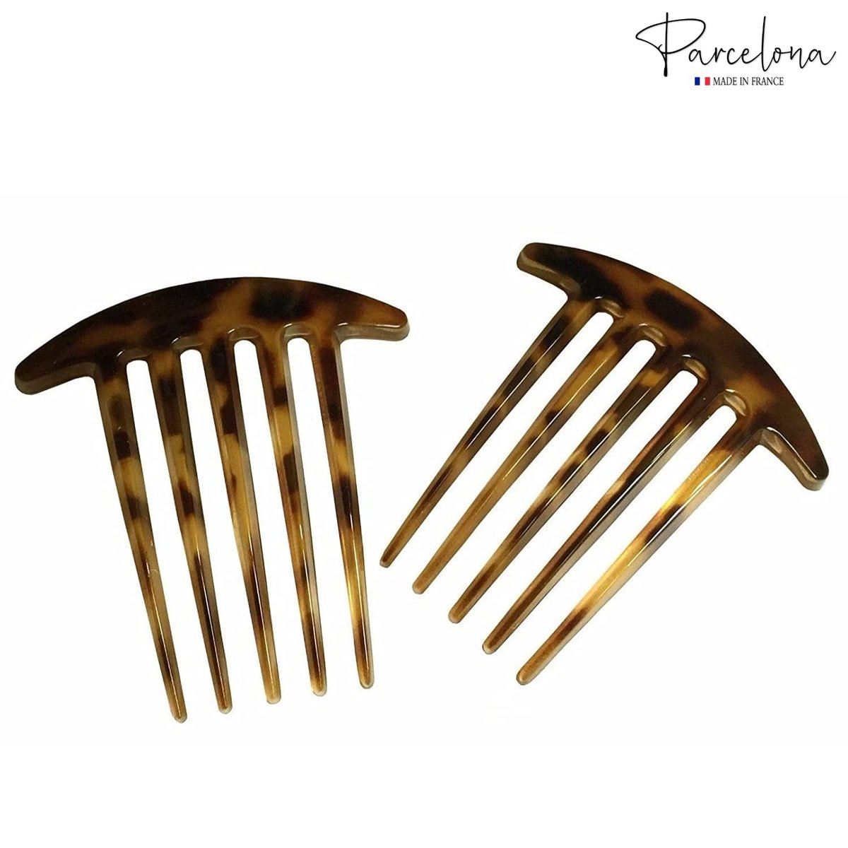 Parcelona French Medium Interlocking 5 Teeth Celluloid Light Shell Hair Side Combs - Set of 2, Brown, 3 Inch, Made in France - görsel 11