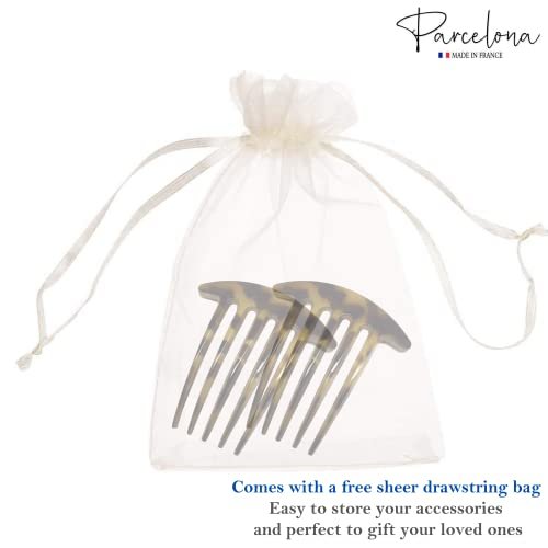 Parcelona French Medium Interlocking 5 Teeth Celluloid Light Shell Hair Side Combs - Set of 2, Brown, 3 Inch, Made in France - görsel 16