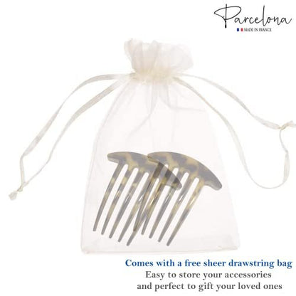 Parcelona French Medium Interlocking 5 Teeth Celluloid Light Shell Hair Side Combs - Set of 2, Brown, 3 Inch, Made in France