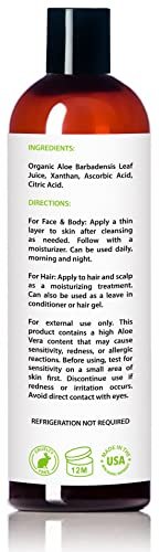 Organic Aloe Vera Gel for Skin, Face, Body, After Sun Care - USDA Certified Organic, 12 fl. oz. Avelisse