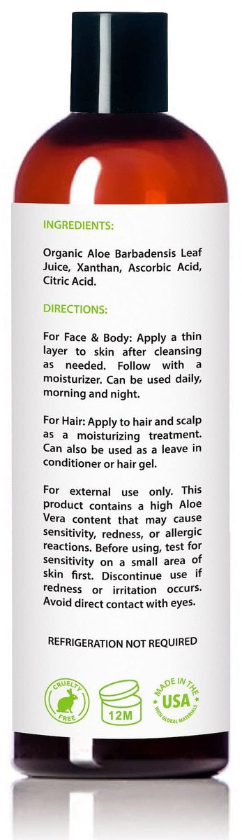 Organic Aloe Vera Gel for Skin, Face, Body, After Sun Care - USDA Certified Organic, 12 fl. oz. Avelisse