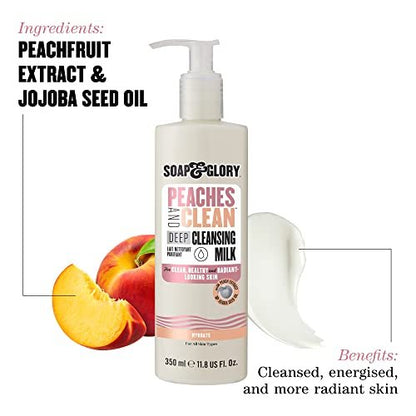 Soap & Glory Peaches & Clean Cleansing Milk - Gentle Face Cleanser + Makeup Remover with Jojoba Oil and Peach & Ginseng Extracts - Hydrating Face Wash for Women for Soft, Radiant Skin (11.8 oz) Avelisse