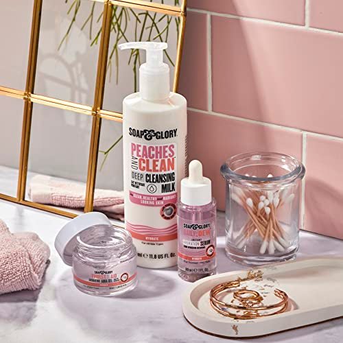 Soap & Glory Peaches & Clean Cleansing Milk - Gentle Face Cleanser + Makeup Remover with Jojoba Oil and Peach & Ginseng Extracts - Hydrating Face Wash for Women for Soft, Radiant Skin (11.8 oz) Avelisse