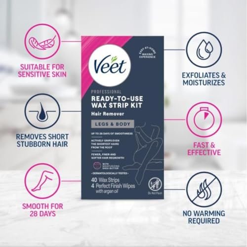 Veet Leg & Body Hair Removal Kit - Sensitive Formula, Ready-to-Use Cold Wax Strips, Shea Butter & Acai Fragrance, 44 Count (Pack of 2) Avelisse