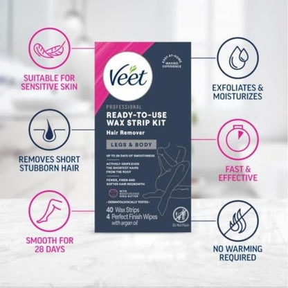 Veet Leg & Body Hair Removal Kit - Sensitive Formula, Ready-to-Use Cold Wax Strips, Shea Butter & Acai Fragrance, 44 Count (Pack of 2) Avelisse