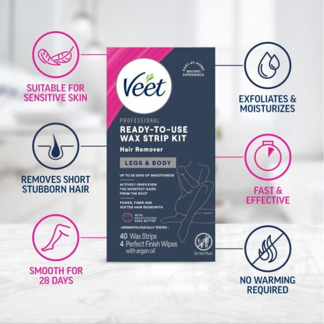 Veet Leg & Body Hair Removal Kit - Sensitive Formula, Ready-to-Use Cold Wax Strips, Shea Butter & Acai Fragrance, 44 Count (Pack of 2) Avelisse