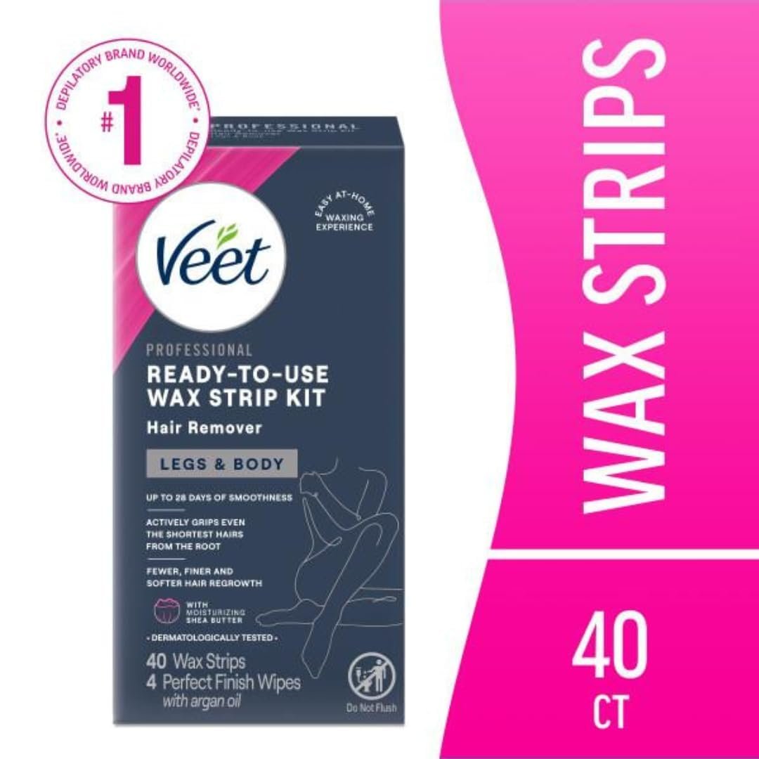 Veet Leg & Body Hair Removal Kit - Sensitive Formula, Ready-to-Use Cold Wax Strips, Shea Butter & Acai Fragrance, 44 Count (Pack of 2) Avelisse