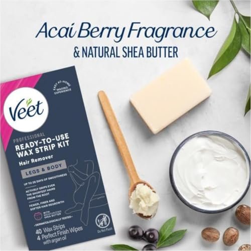 Veet Leg & Body Hair Removal Kit - Sensitive Formula, Ready-to-Use Cold Wax Strips, Shea Butter & Acai Fragrance, 44 Count (Pack of 2) Avelisse