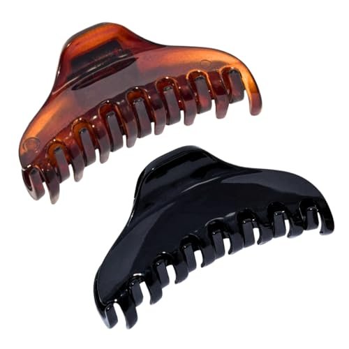 Parcelona French Skinny Boss Small 2 1/4" Black & Shell Celluloid Acetate Hair Claw Clips – Set of 2 for Fine Hair, Made in France - görsel 2