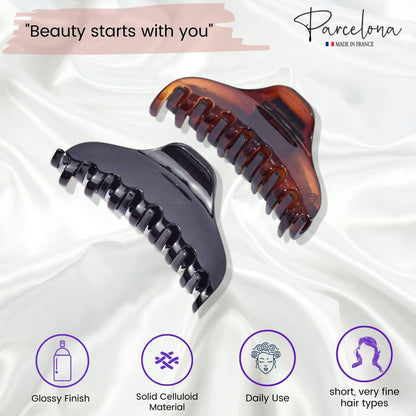 Parcelona French Skinny Boss Small 2 1/4" Black & Shell Celluloid Acetate Hair Claw Clips – Set of 2 for Fine Hair, Made in France